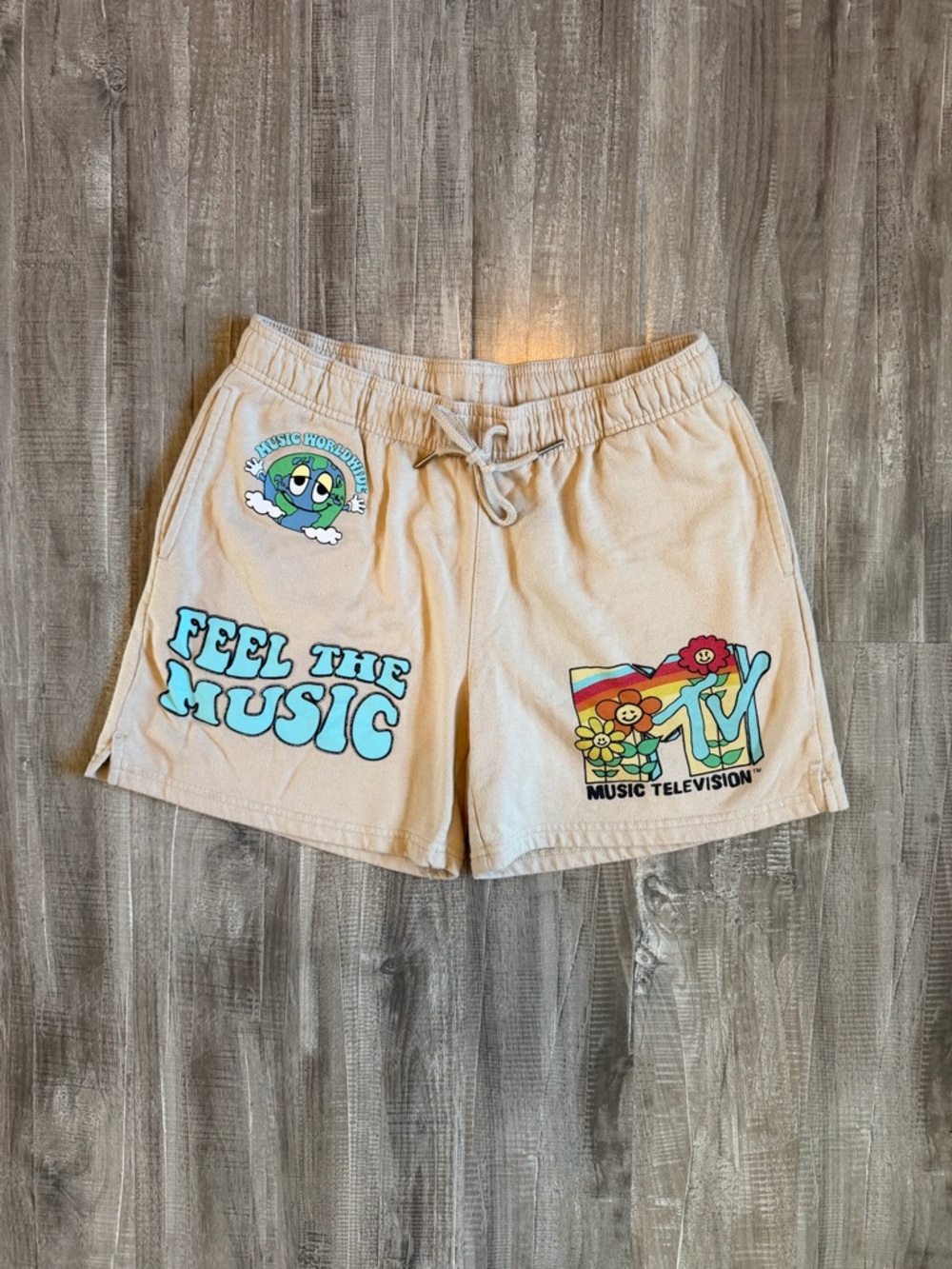 MTV Beige Cotton Athletic Shorts with Colorful Graphic Prints
